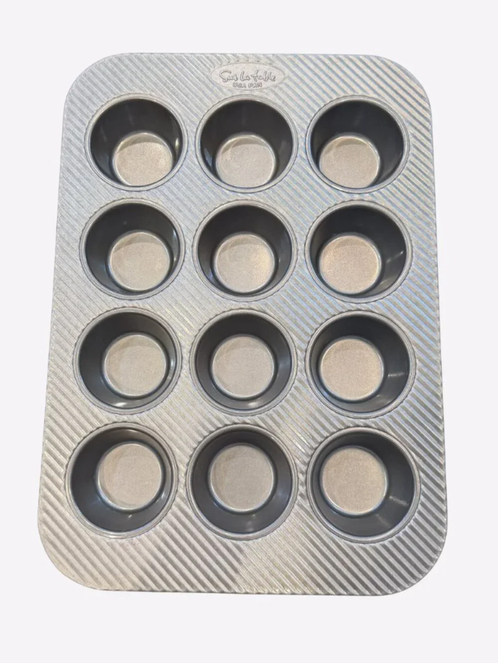 NEW Sur La Table Muffin Pan 9 count USA Pan Cupcake Kitchen Silver Grey